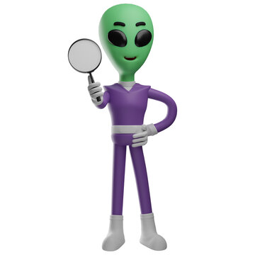 3D Alien Cartoon Illustration holding a magnifying glass