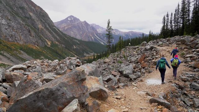 Jasper Alberta Canada, September 26 2021: A group of tourists hike through Cavell Meadows in Jasper National Park