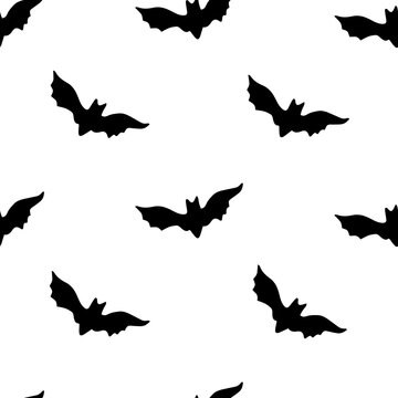 Halloween seamless vector repeat pattern with black bat silhouettes on white background. Minimalistic Halloween backdrop.
