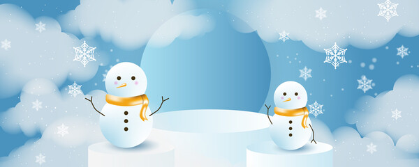 Vector Christmas winter landscape with trees, houses, snowman, stars, deers and snow in 3D style. Festive layered background with 3D podium. Christmas or New Year display product sale banner