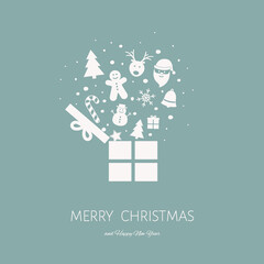 Christmas greeting card with a box full of gifts. Xmas ornament. Vector