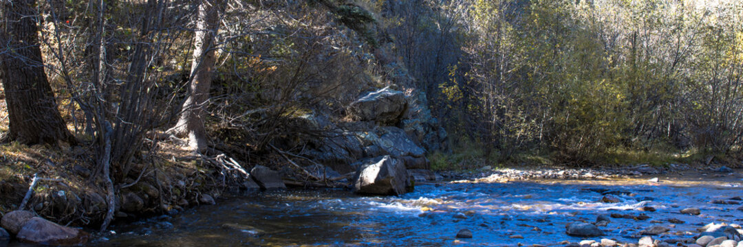 Panorama of the Pecos River in New Mexico’s Pecos River Canyon State Park in the Sangre de Cristo Mountains