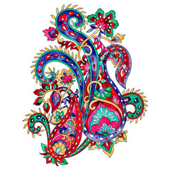 Vintage paisley floral, hand painted watercolor ethnic design elements.