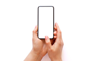 Mobile phone with empty white screen in hands on white background