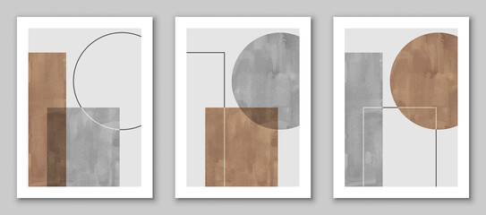 Set of trendy contemporary abstract creative minimalist hand painted compositions for wall decoration, postcard or brochure cover design in vintage style art. EPS10 vector.
