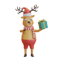 christmas deer wearing santa hat with red scarf holding christmas gift box 3D render illustration