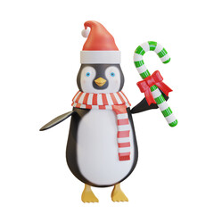 penguin wearing santa hat with red scarf holding christmas candy cane 3D render illustration