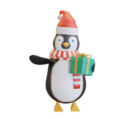 penguin wearing santa hat with red scarf holding christmas gift box 3D render illustration