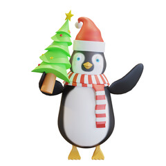 penguin wearing santa hat with red scarf holding christmas pine tree 3D render illustration