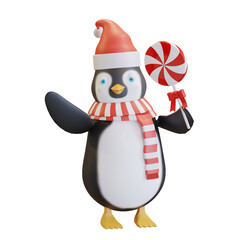 penguin wearing santa hat with red scarf holding lollipop candy 3D render illustration