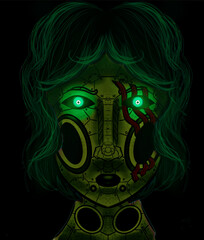 the alien in the mask, mecha girl face, metal girl wit flat face
