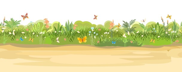 Obraz premium Rural road to Green Glade. Summer flower meadow. Trail. Juicy grass close up. Grassland. Country trip. Isolated. Cartoon style. Flat design. Seamless illustration vector art