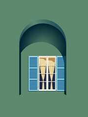 Illustration of green house with window under arch. Vintage style windows architecture. Vector.