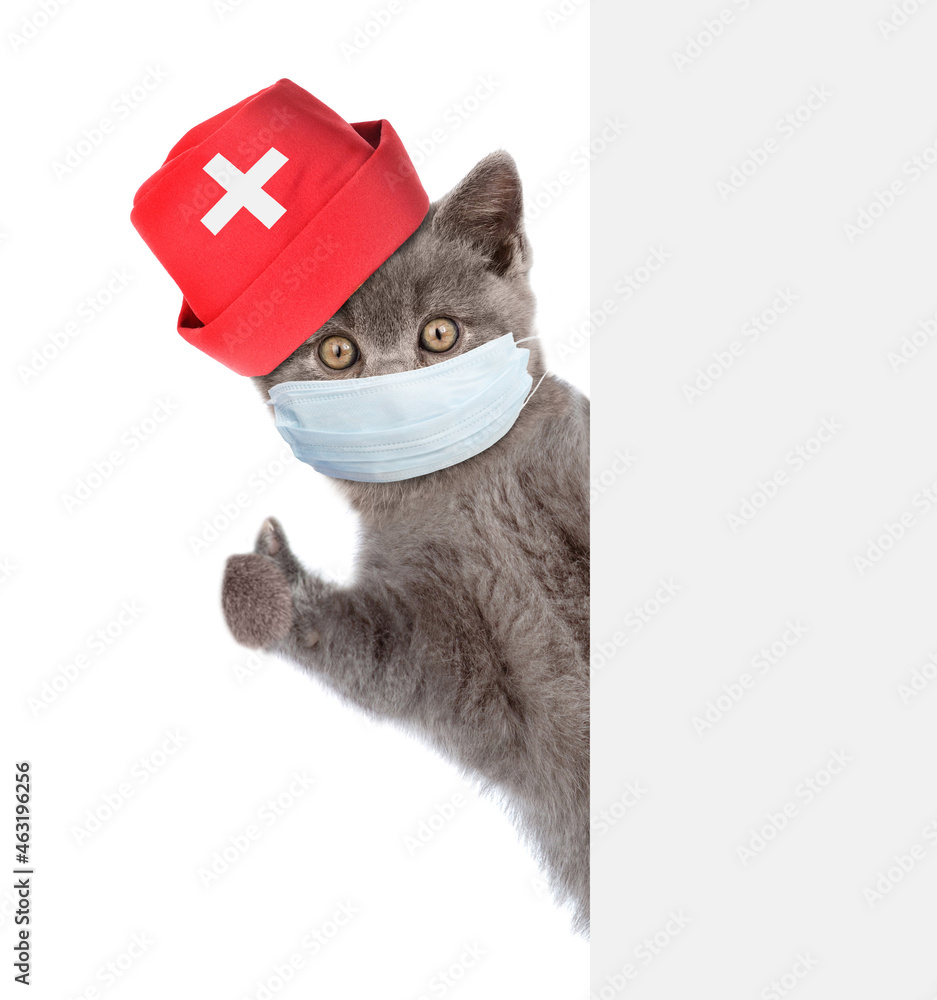 Poster kitten wearing medical protective mask and doctors cap looks from behind empty banner and shows thum