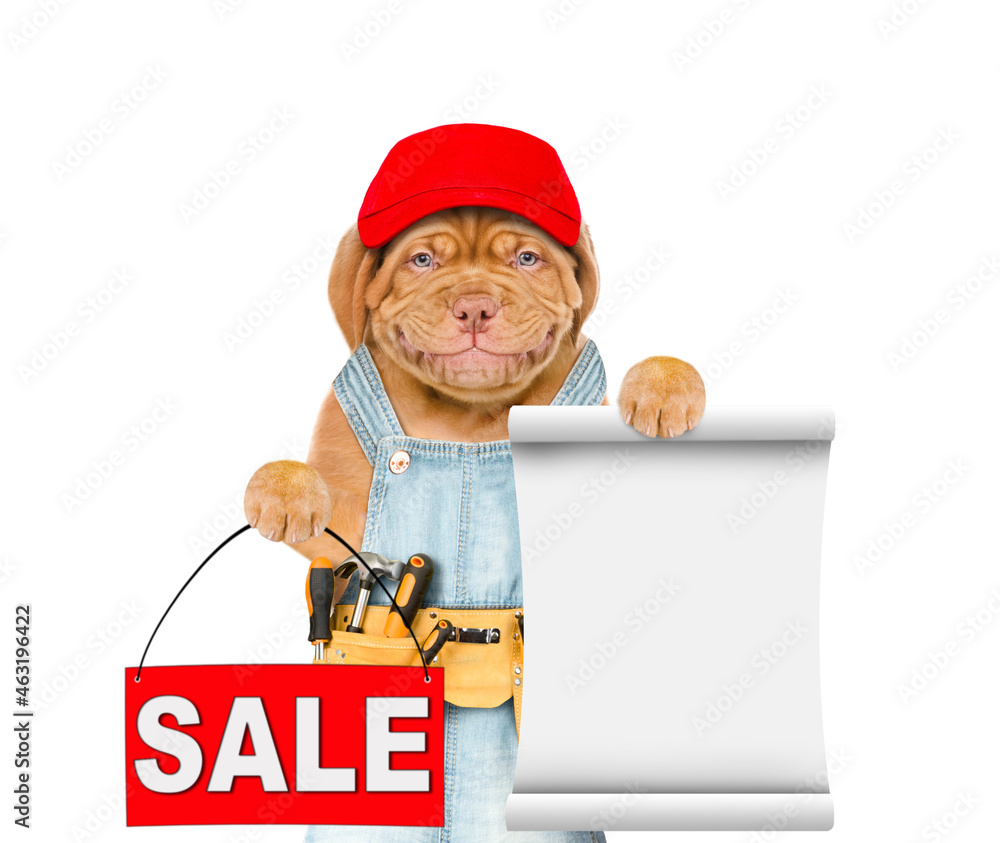 Aufkleber Funny mastiff puppy worker wearing red cap and tool belt and overalls holds sales symbol and empty list. Isolated on white background