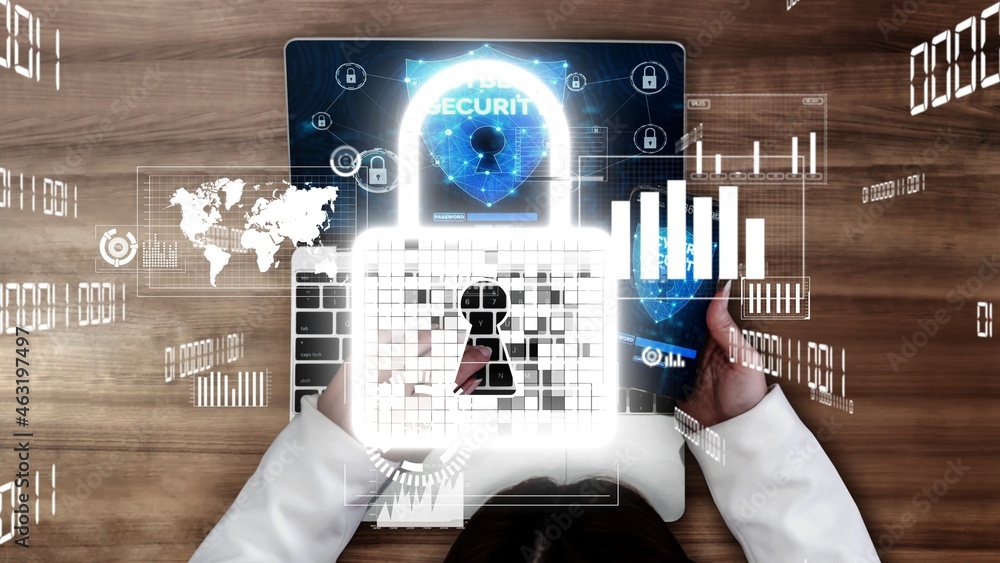 Poster cyber security and digital data protection conceptual . graphic interface showing secure firewall te