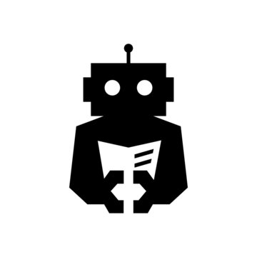 robot cyborg book read newspaper negative space logo vector icon illustration