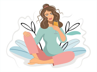 The girl drinks alcohol. Illustration of a woman with a glass of wine. Holidays, rest, relaxation. Drinking alcoholic beverages. The lady sits comfortably. Vector flat design with decorative leaves.