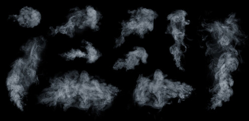 Fog or smoke, steam, vapor set isolated on black background. White cloudiness, mist or smog background.