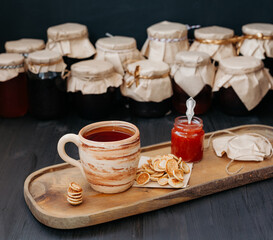 tea and jar with jam on a wooden tray