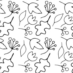 Fototapeta premium Outline leaves seamless pattern black line on white stock vector illustration for web, for print, for fabric print