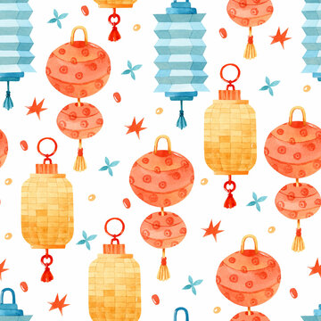 Asian colorful paper lanterns watercolor seamless pattern	 