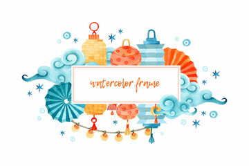 Chinese celebration lanterns watercolor frame	