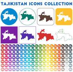 Tajikistan icons collection. Bright colourful trendy map icons. Modern Tajikistan badge with country map. Vector illustration.