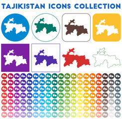 Tajikistan icons collection. Bright, colorful, trendy map icons. Modern Tajikistan badge with country map. Vector illustration.