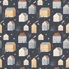 Beautiful winter vector seamless pattern with hand drawn watercolor cute houses. Stock illustration.