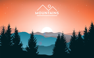 Vector illustration of mountain landscape with forest and sky with the dawn. Sunset in the mountains. Morning sky. Minimalistic style graphic design for flyers, banners, backgrounds, coupons, vouchers