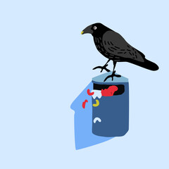 crow and garbage can