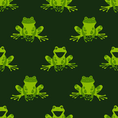 Seamless pattern with green frogs for fabric print, gift wrapping paper, textile. Vector dark background.