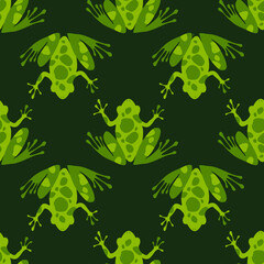 Seamless pattern with green frogs for fabric print, gift wrapping paper, textile. Vector dark background.