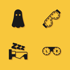 Set Ghost, Contact lens container, Time to sleep and Eye mask icon with long shadow. Vector