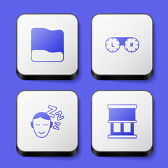 Set Pillow, Contact lens container, Dreams and Window with curtains icon. White square button. Vector