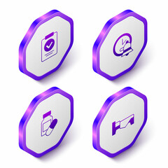 Set Isometric Medical prescription, Alarm clock, Sleeping pill and Bed icon. Purple hexagon button. Vector