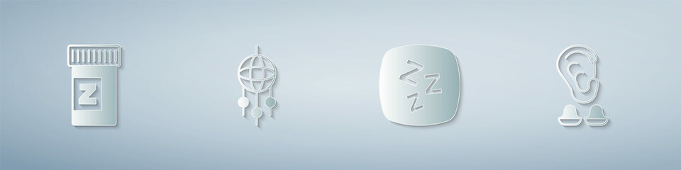 Set Sleeping pill, Dream catcher with feathers, Sleepy and Earplugs and ear. Paper art style. Vector