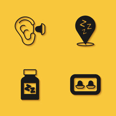 Set Earplugs and ear, with storage box, Sleeping pill and Sleepy icon with long shadow. Vector