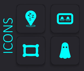 Set Ghost, Sleepy, Earplugs with storage box and Pillow icon. Black square button. Vector