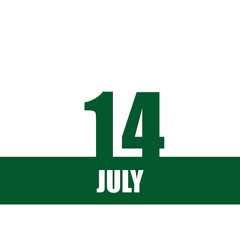 july 14. 14th day of month, calendar date.Green numbers and stripe with white text on isolated background. Concept of day of year, time planner, summer month