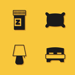 Set Sleeping pill, Big bed, Table lamp and Pillow icon with long shadow. Vector