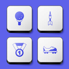 Set Golf ball on tee, Dart arrow, Medal and Football shoes icon. White square button. Vector