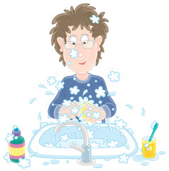 Funny young man with disheveled hair washing his hands in a sink of a bathroom, vector cartoon illustration on a white background