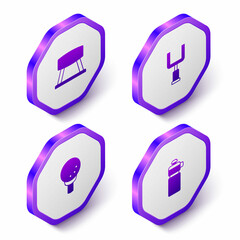 Set Isometric Pommel horse, American football goal post, Golf on tee and Fitness shaker icon. Purple hexagon button. Vector