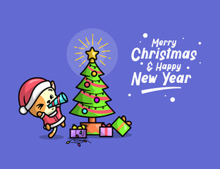 A CUTE CAT IN SANTA COSTUME  IS BLOWING A TRUMPET AND JUMPS BESIDE THE CHRISTMAS TREE. CHRISTMAS ILLUSTRATION.