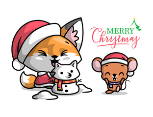A CUTE FOX AND A LITTLE MOUSE IS MAKING A SNOW MAN OUTDOOR. CHRISTMAS ILLUSTRATION.