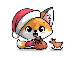 A CUTE FOX IS  WEARING SANTA COSTUME IS BRINGING A GIFT BAG. CHRISTMAS ILLUSTRATION.