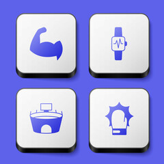Set Bodybuilder showing his muscles, Smart watch with heart, Stadium and Punch boxing gloves icon. White square button. Vector