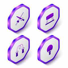 Set Isometric Fencing, Pommel horse, Jump rope and Racket icon. Purple hexagon button. Vector